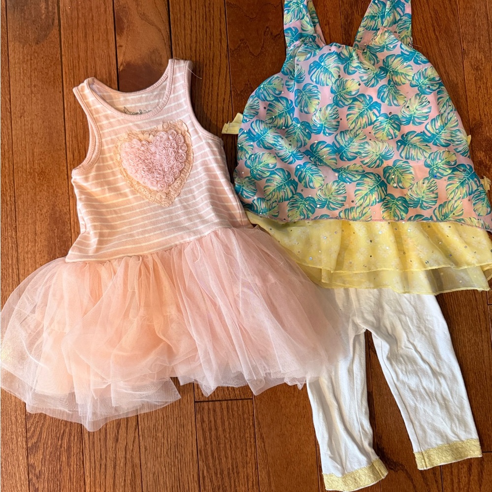 3T toddle girl pink heart tulle dress and capri fancy tropical blouse set